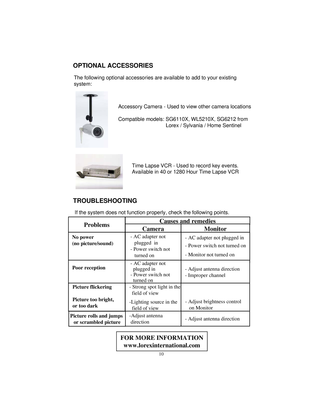 LOREX Technology SG6331P instruction manual Optional Accessories, Troubleshooting 