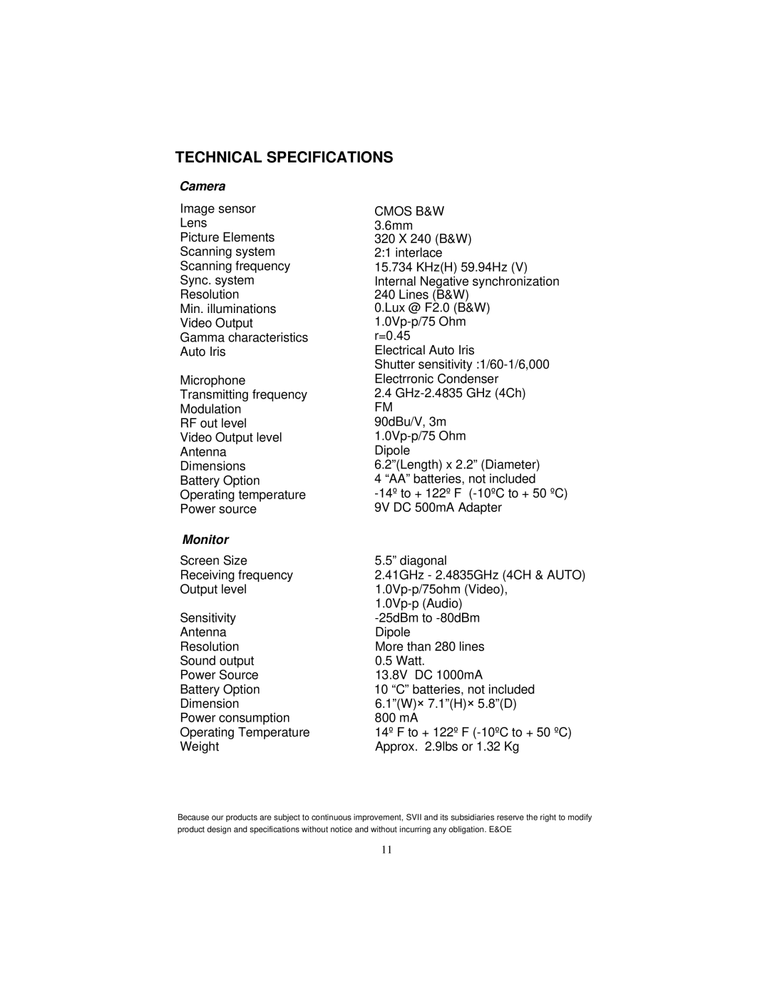 LOREX Technology SG6331P instruction manual Technical Specifications, Camera 