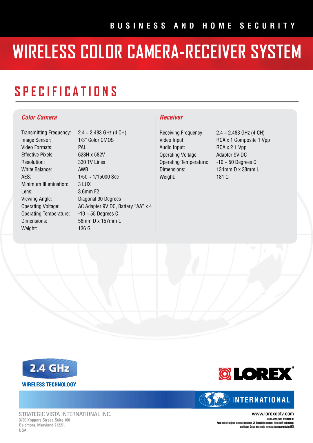 LOREX Technology SG6350P manual Wireless Color Camera-Receiver System, S P E C I F I C A T I O N S, International 