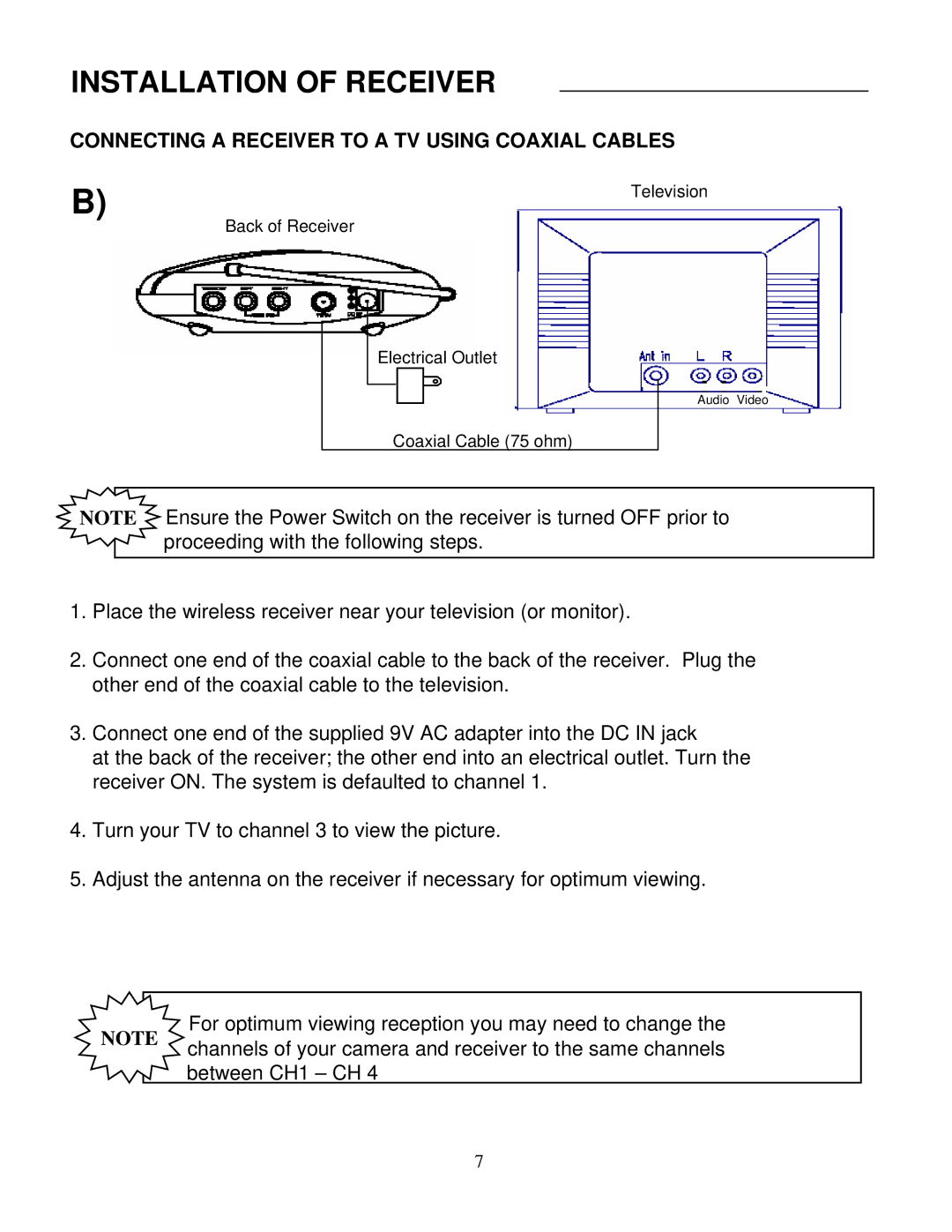 LOREX Technology SG6352 instruction manual Connecting a Receiver to a TV Using Coaxial Cables 