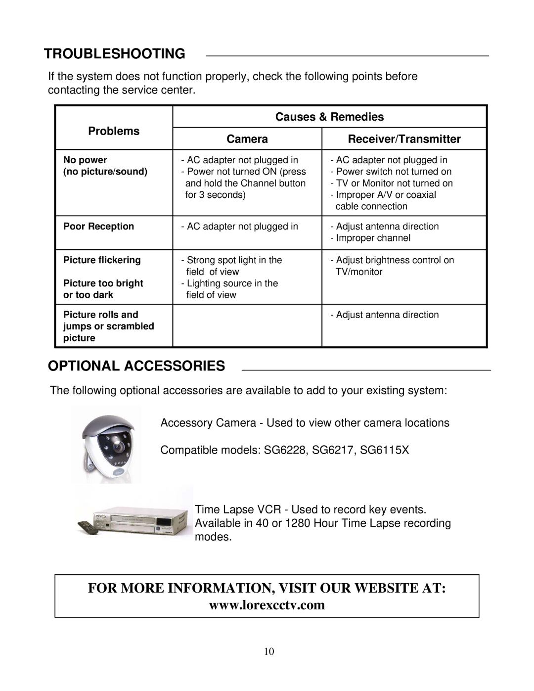 LOREX Technology SG6352 instruction manual Troubleshooting, Optional Accessories 