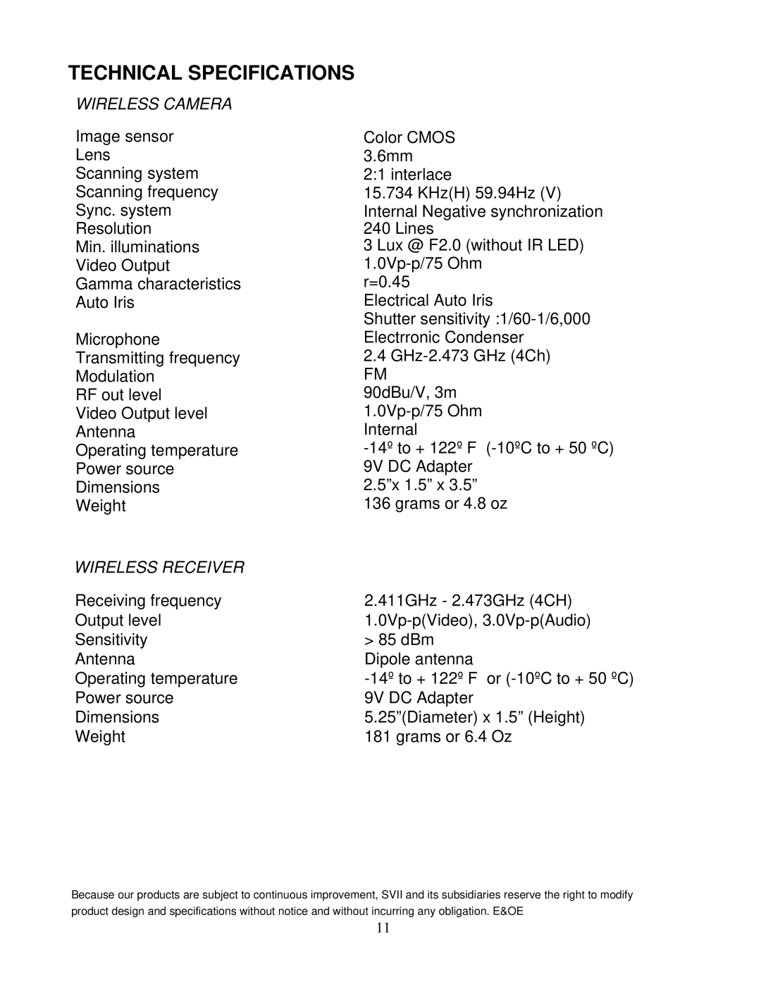 LOREX Technology SG6352 instruction manual Technical Specifications, Wireless Camera 