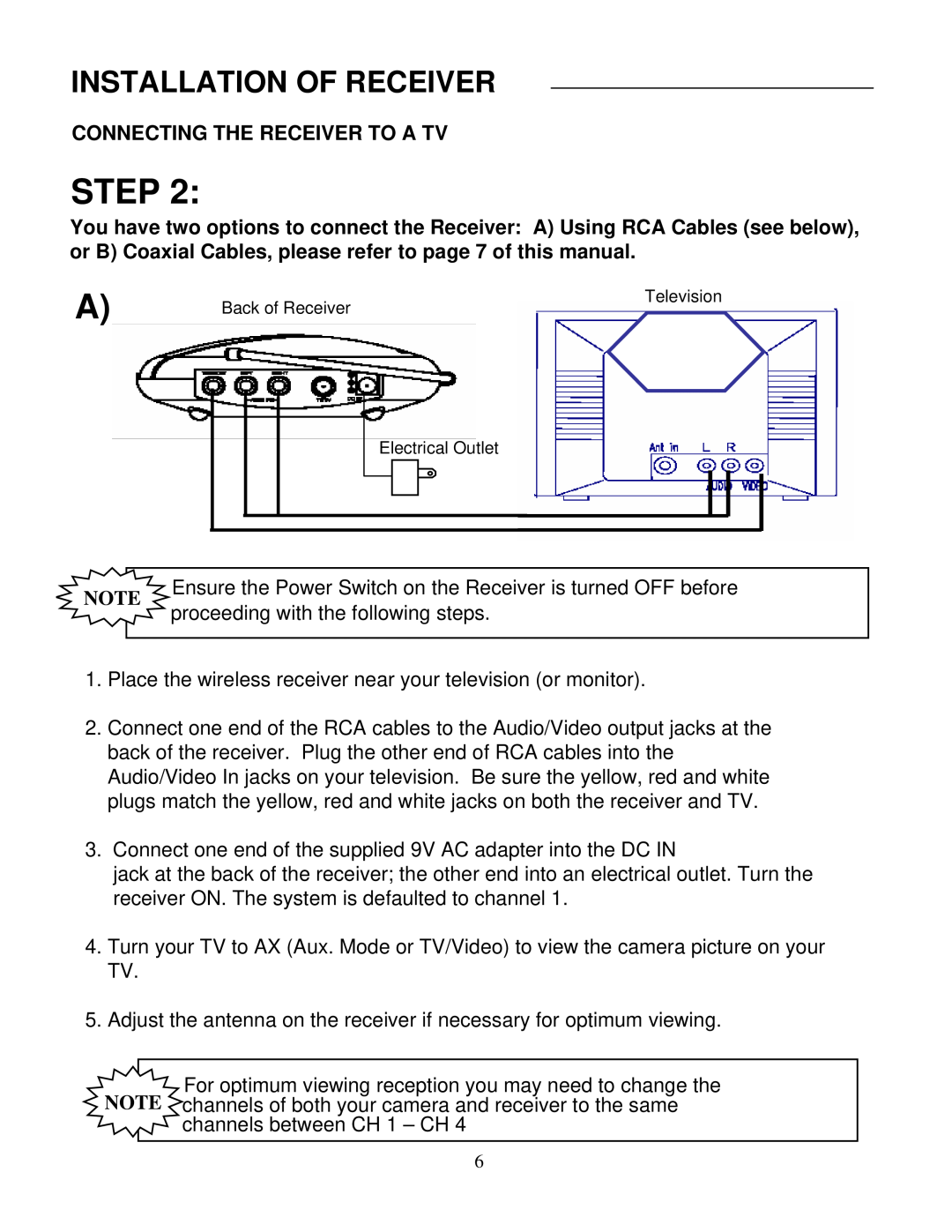LOREX Technology SG6352 instruction manual Installation Of Receiver, Connecting The Receiver To A Tv, Step 