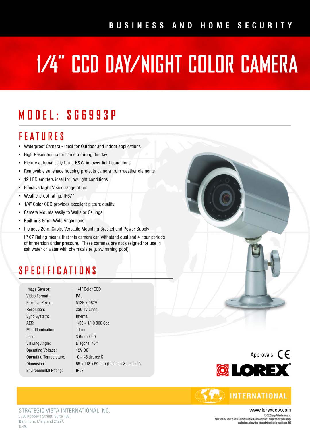 LOREX Technology SG6993P specifications CCD DAY/NIGHT Color Camera, D E L S G 6 9 9 3 P, A T U R E S, Specification S 