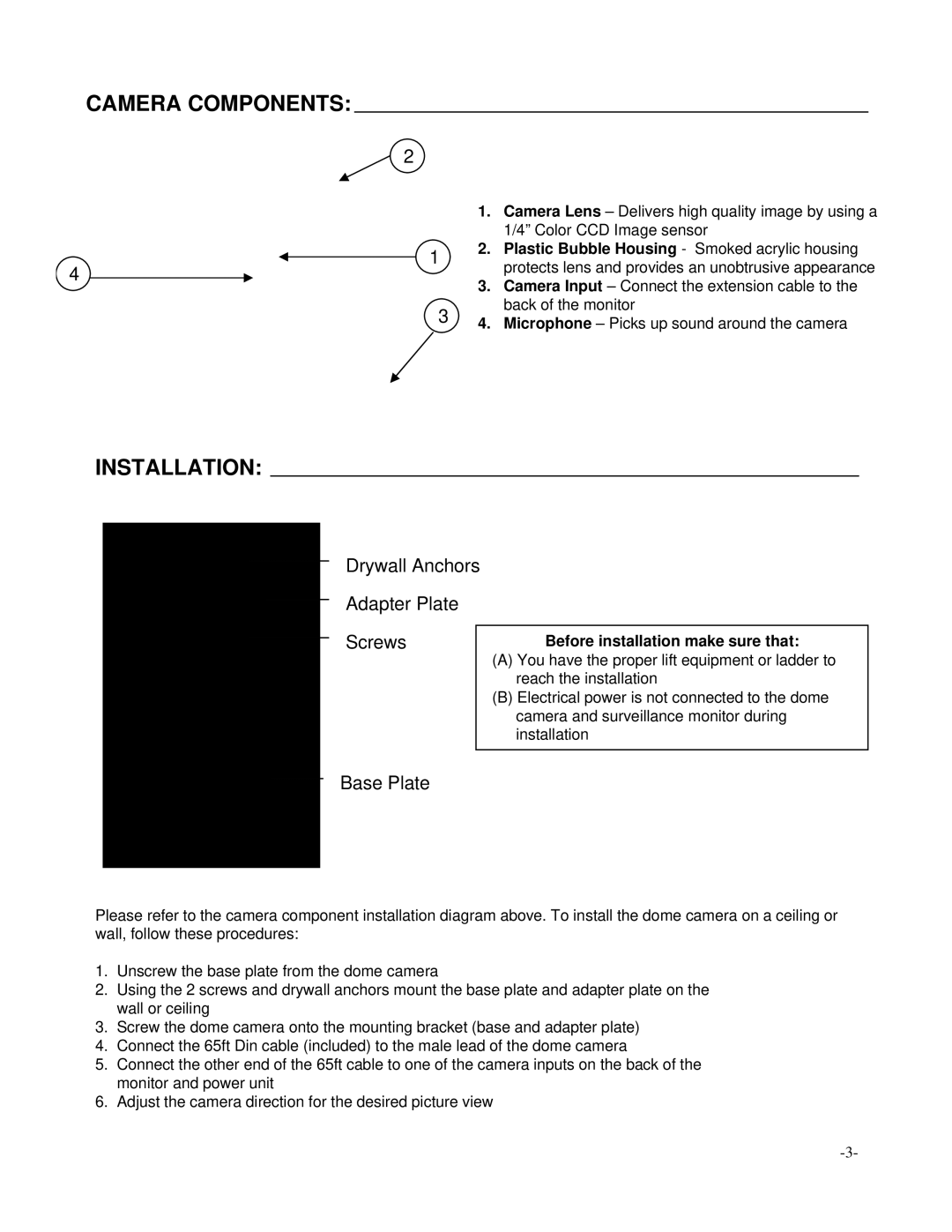 LOREX Technology SG7125 manual Camera Components, Installation 