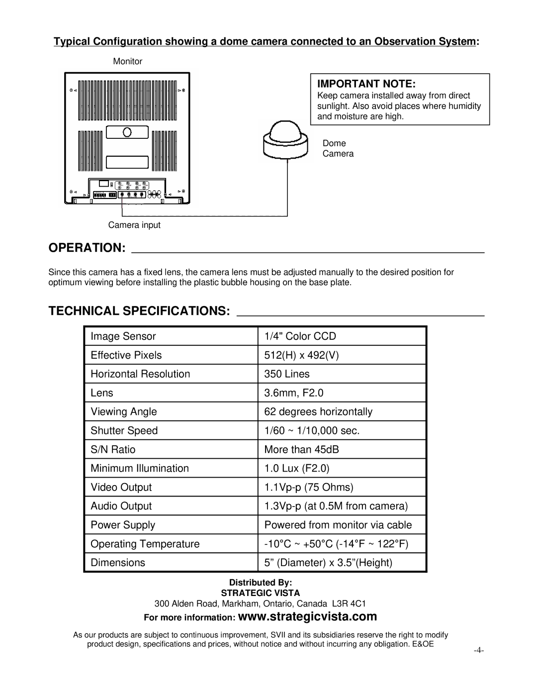 LOREX Technology SG7125 manual Operation, Technical Specifications 