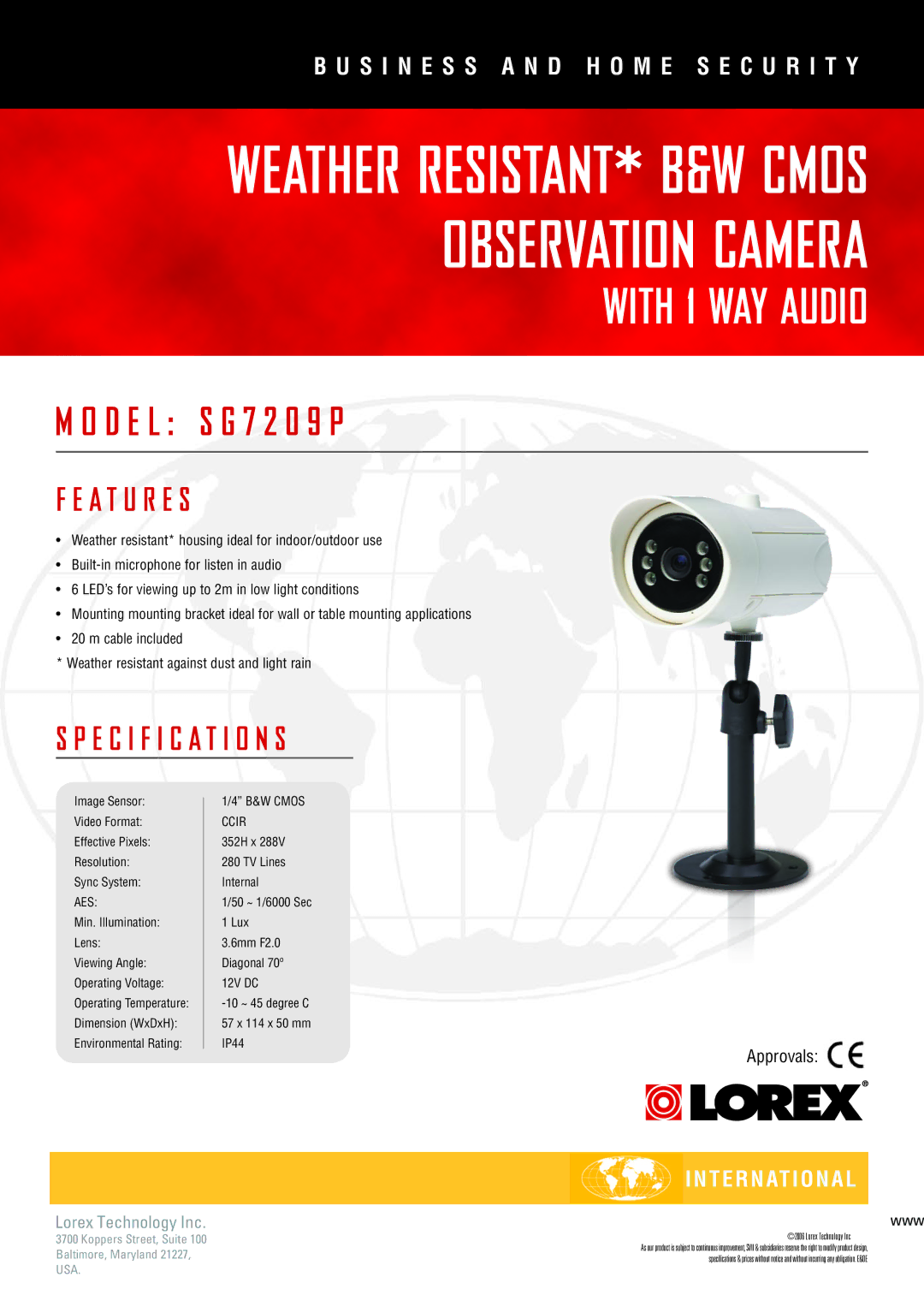 LOREX Technology SG7209P specifications A T U R E S, Specification S, Aes, Ccir 