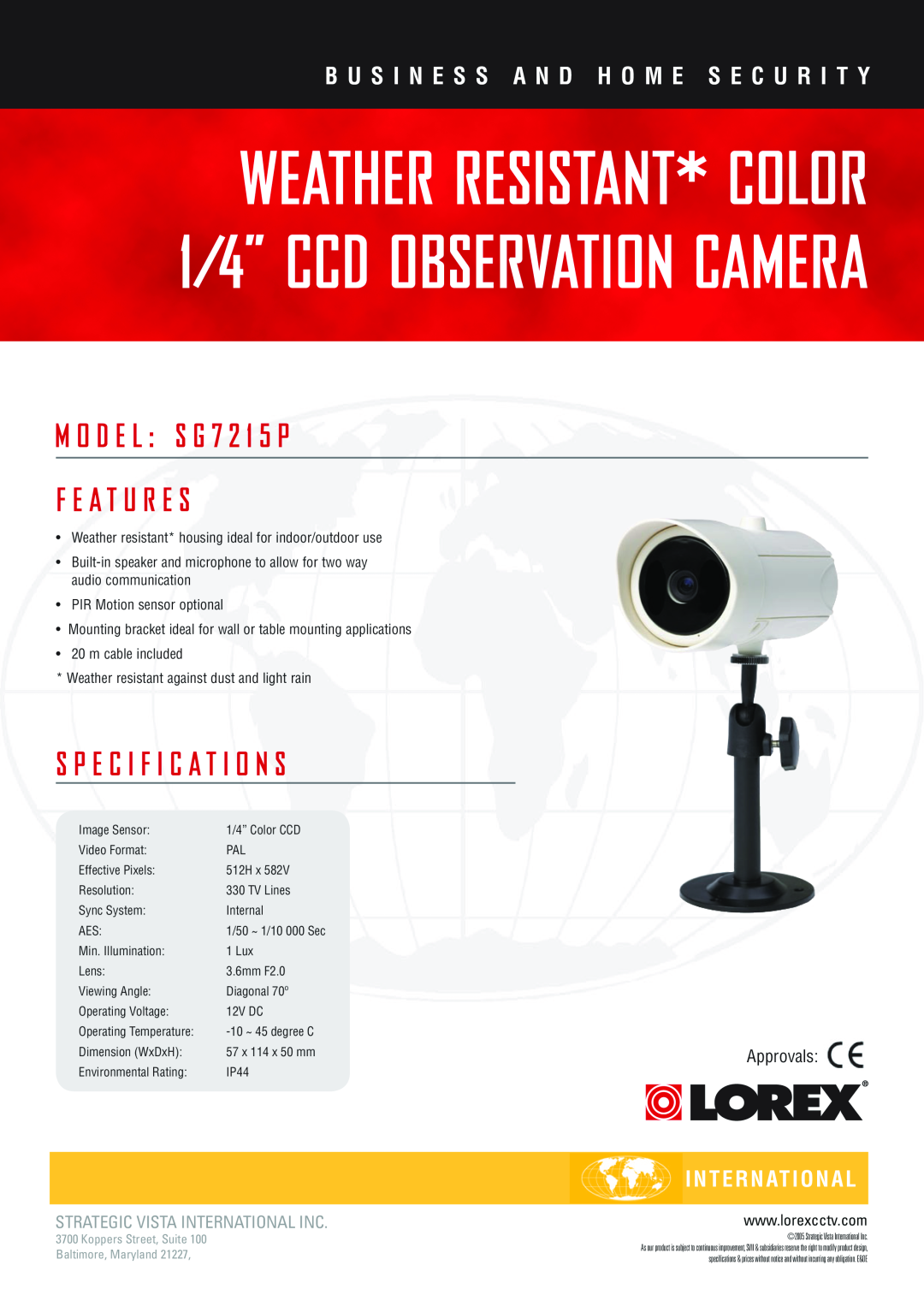 LOREX Technology SG7215P specifications WEATHER RESISTANT* COLOR 1/4” CCD OBSERVATION CAMERA, M O D E L S G 7 2 1 5 P 