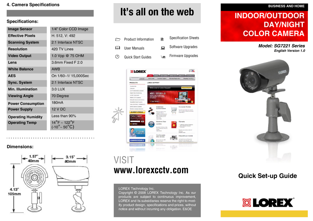 LOREX Technology SG7221 Series dimensions Camera Specifications, Dimensions 