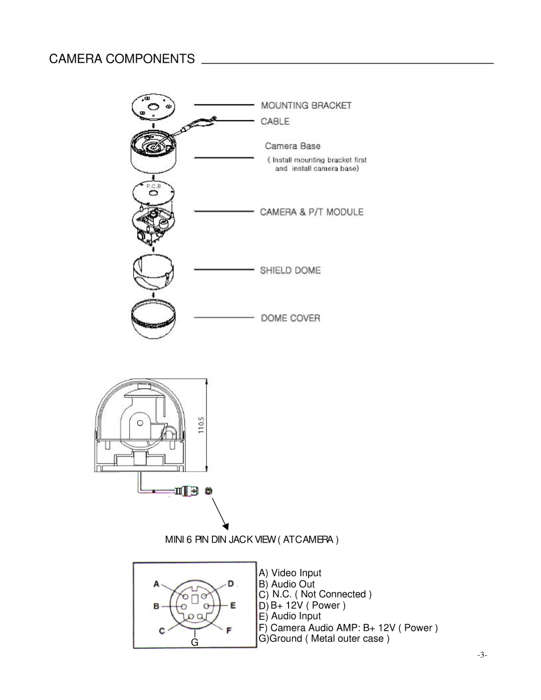 LOREX Technology SG7380 manual Camera Components, Mini 6 PIN DIN Jack View AT Camera 