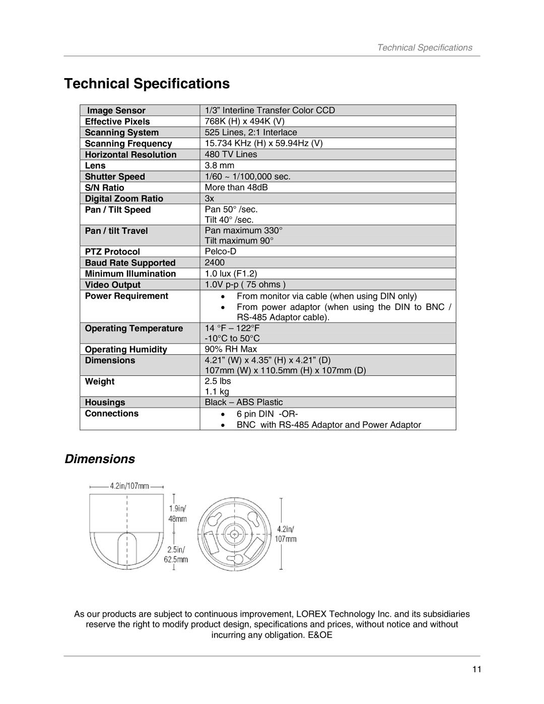 LOREX Technology SG7381 instruction manual Technical Specifications, Dimensions 