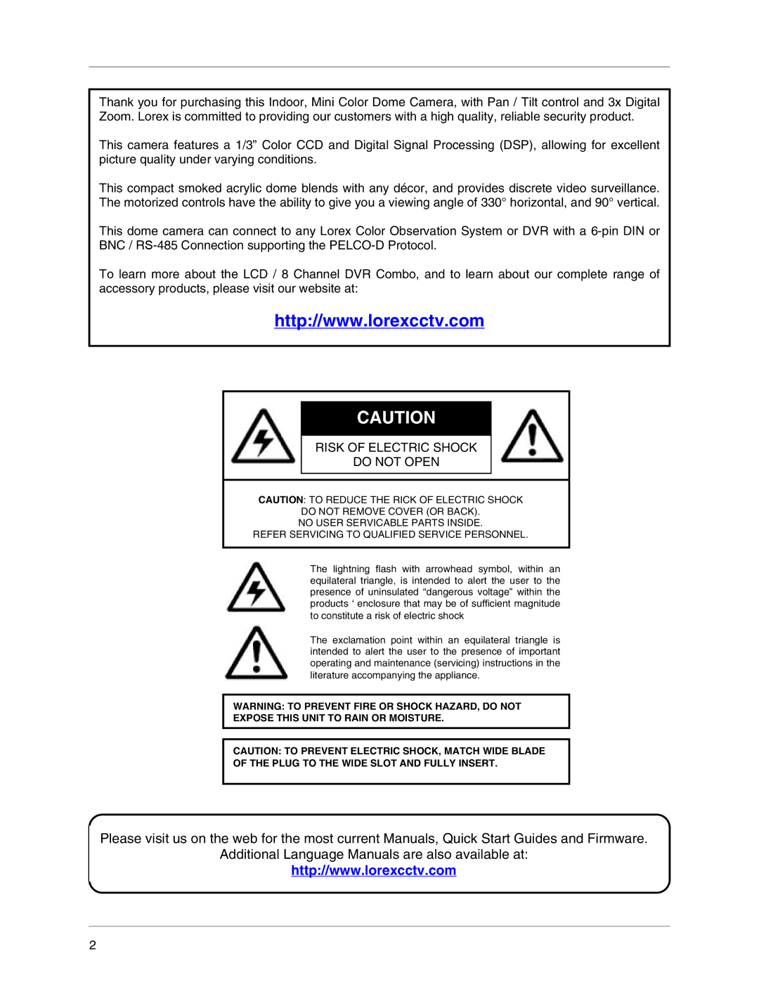 LOREX Technology SG7381 instruction manual Risk of Electric Shock Do not Open 