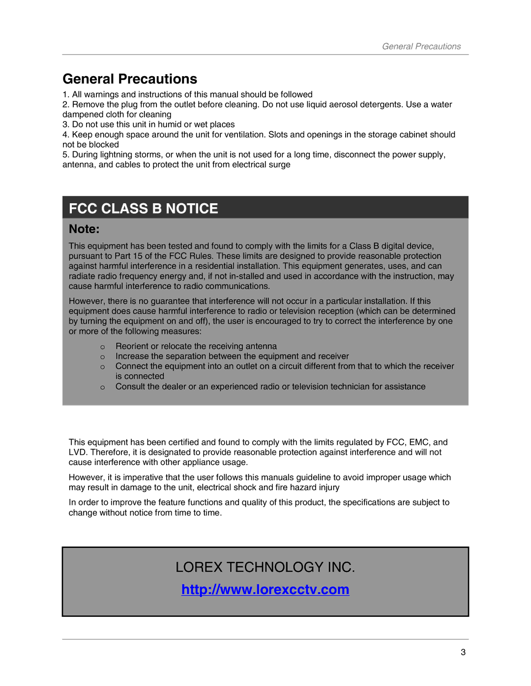 LOREX Technology SG7381 instruction manual General Precautions, FCC Class B Notice 