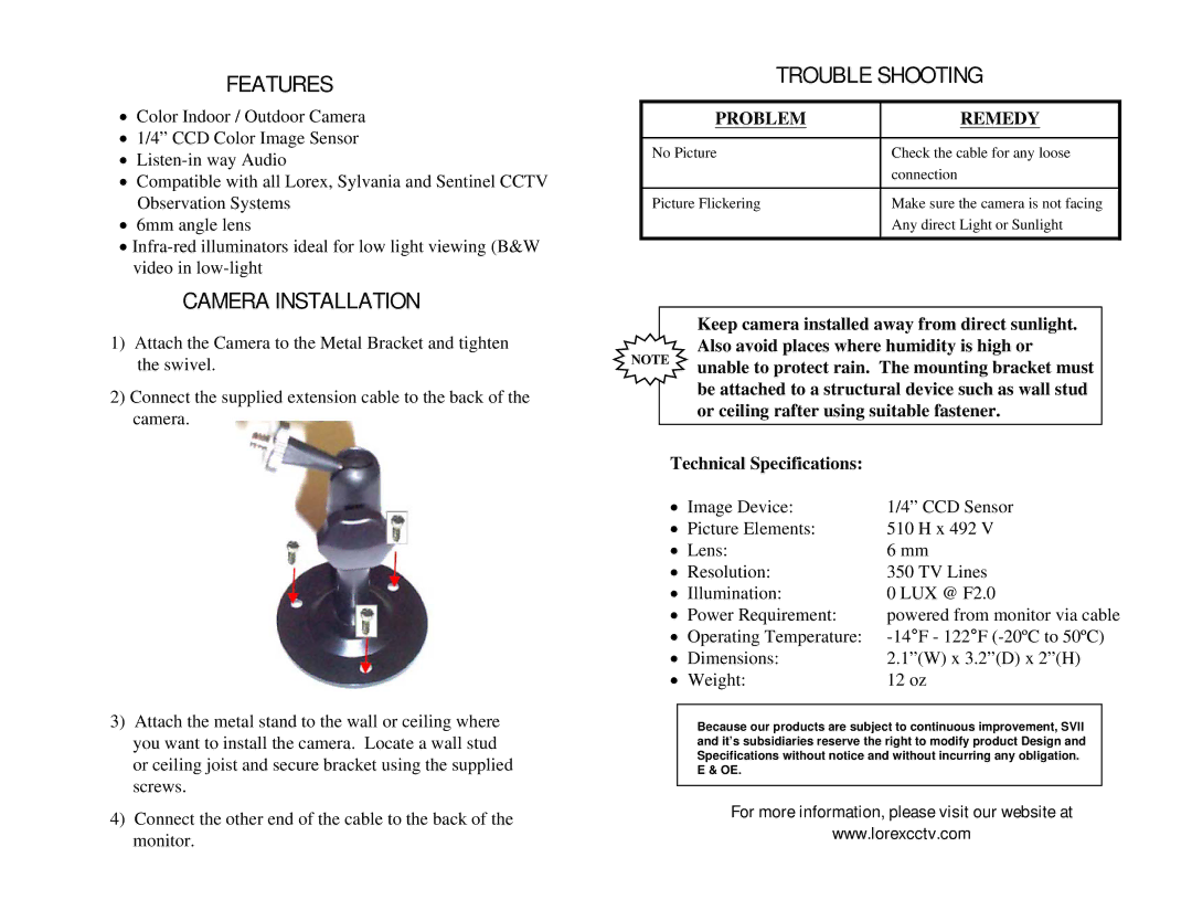 LOREX Technology SG7518 user manual Features, Camera Installation, Trouble Shooting, Problem Remedy 