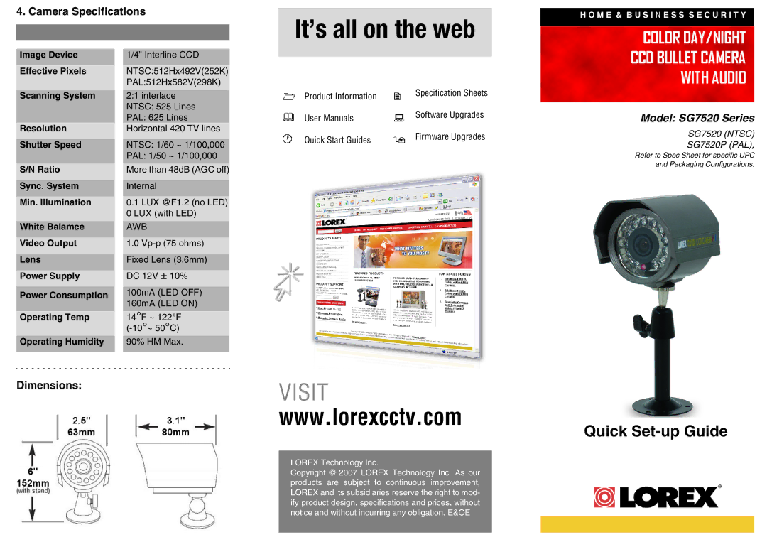 LOREX Technology SG7520 dimensions Camera Specifications, DimensionsVISIT 