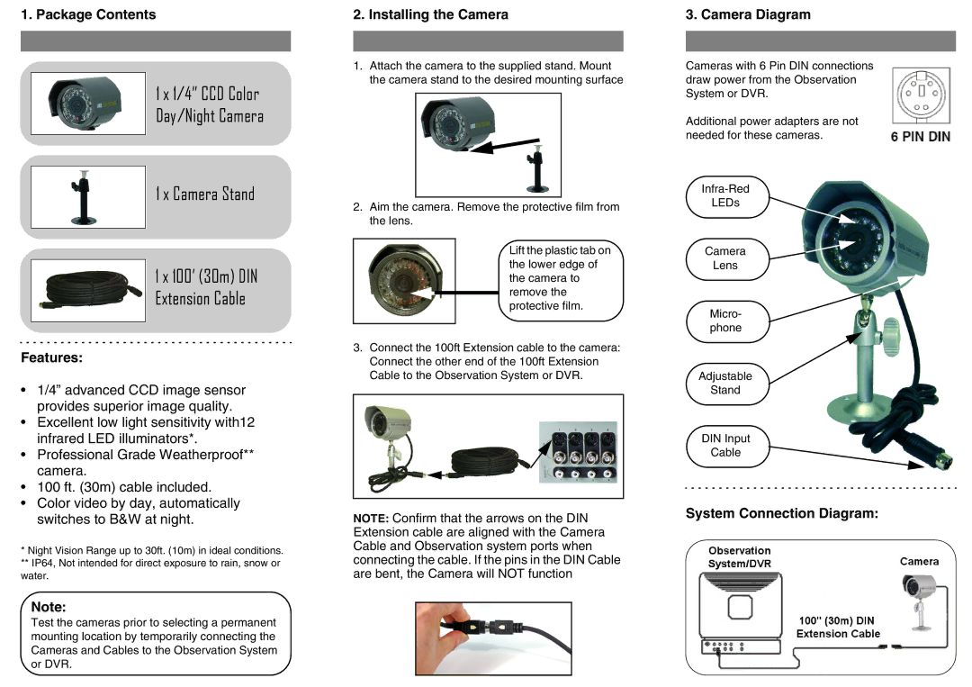 LOREX Technology SG7520 Package Contents, Features, Installing the Camera, Camera Diagram, System Connection Diagram 