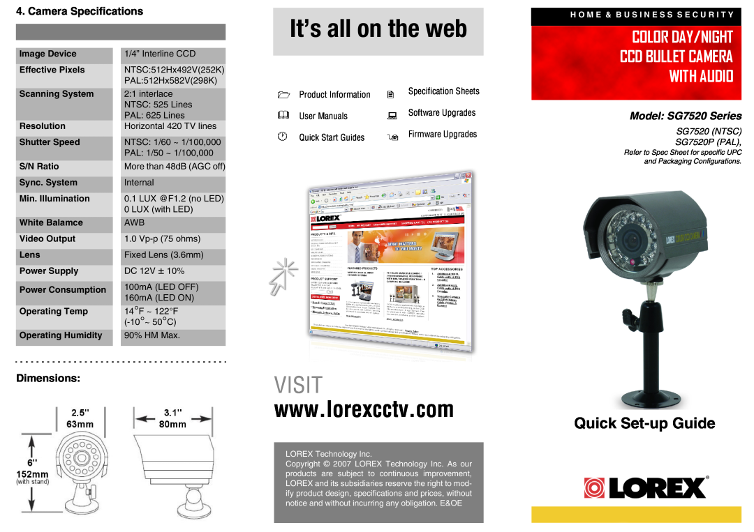 LOREX Technology SG7520 dimensions Camera Specifications, DimensionsVISIT, It’s all on the web, Quick Set-up Guide 