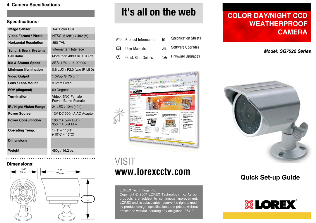 LOREX Technology SG7522 dimensions Camera Specifications, Dimensions 