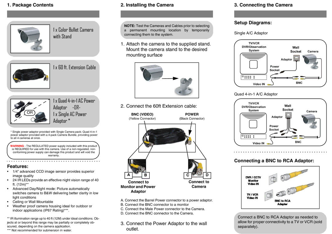 LOREX Technology SG7522 dimensions Package Contents, Features, Installing the Camera, Connecting the Camera Setup Diagrams 