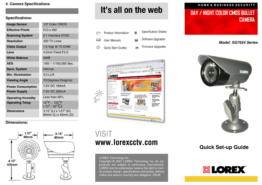 LOREX Technology SG7524 Series dimensions It’s all on the web, Visit, DAY / Night Color Cmos Bullet Camera 