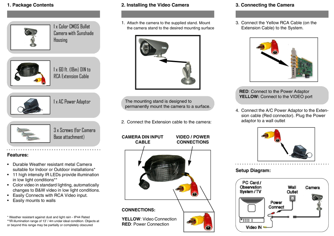 LOREX Technology SG7524 Series dimensions Package Contents, Features Installing the Video Camera, Connecting the Camera 