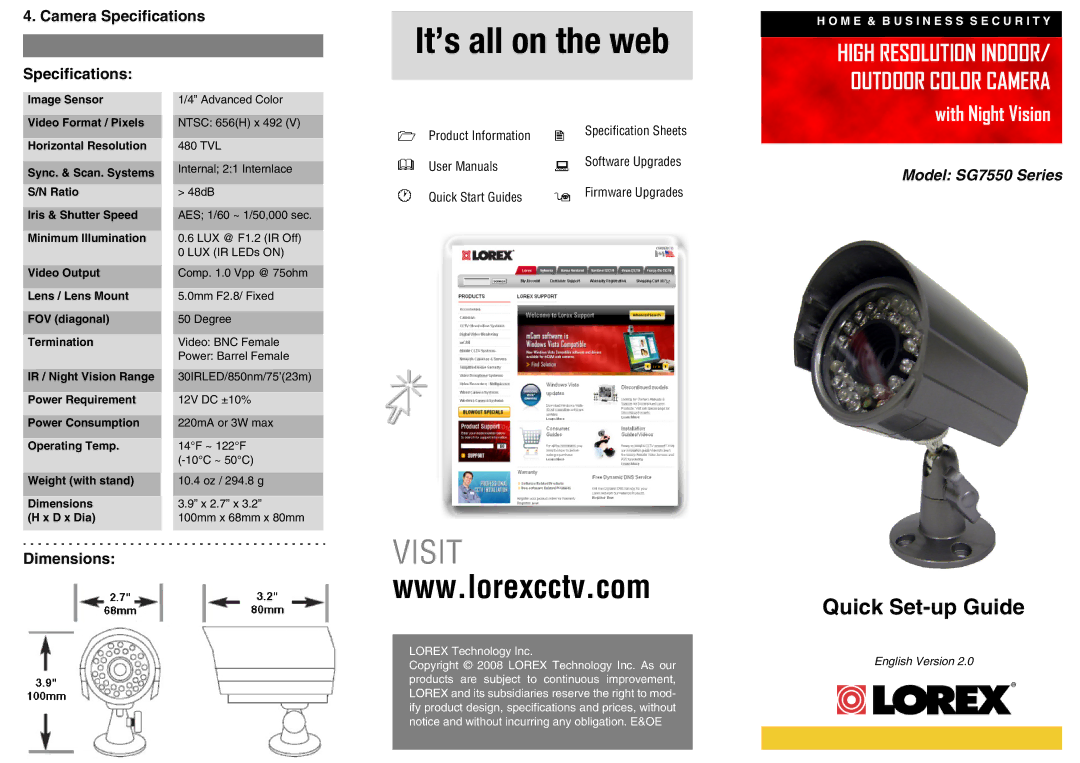 LOREX Technology SG7550 Series dimensions Camera Specifications, Dimensions 