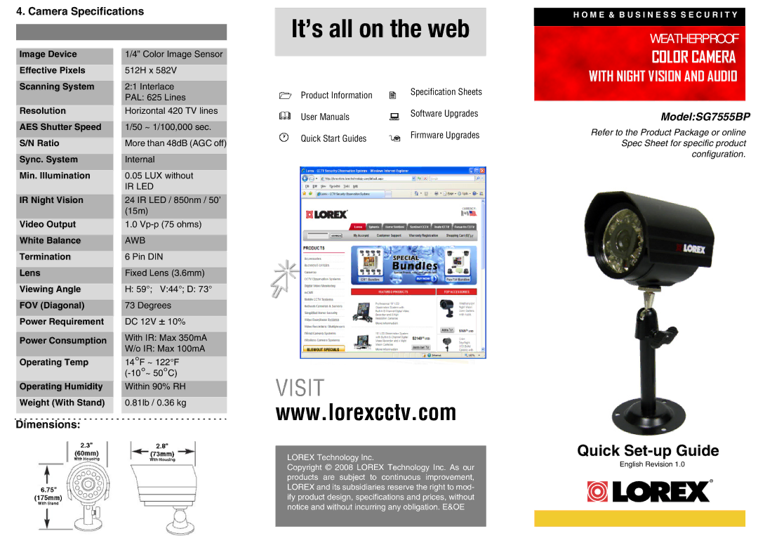 LOREX Technology SG7555BP dimensions Camera Specifications, Dimensions 