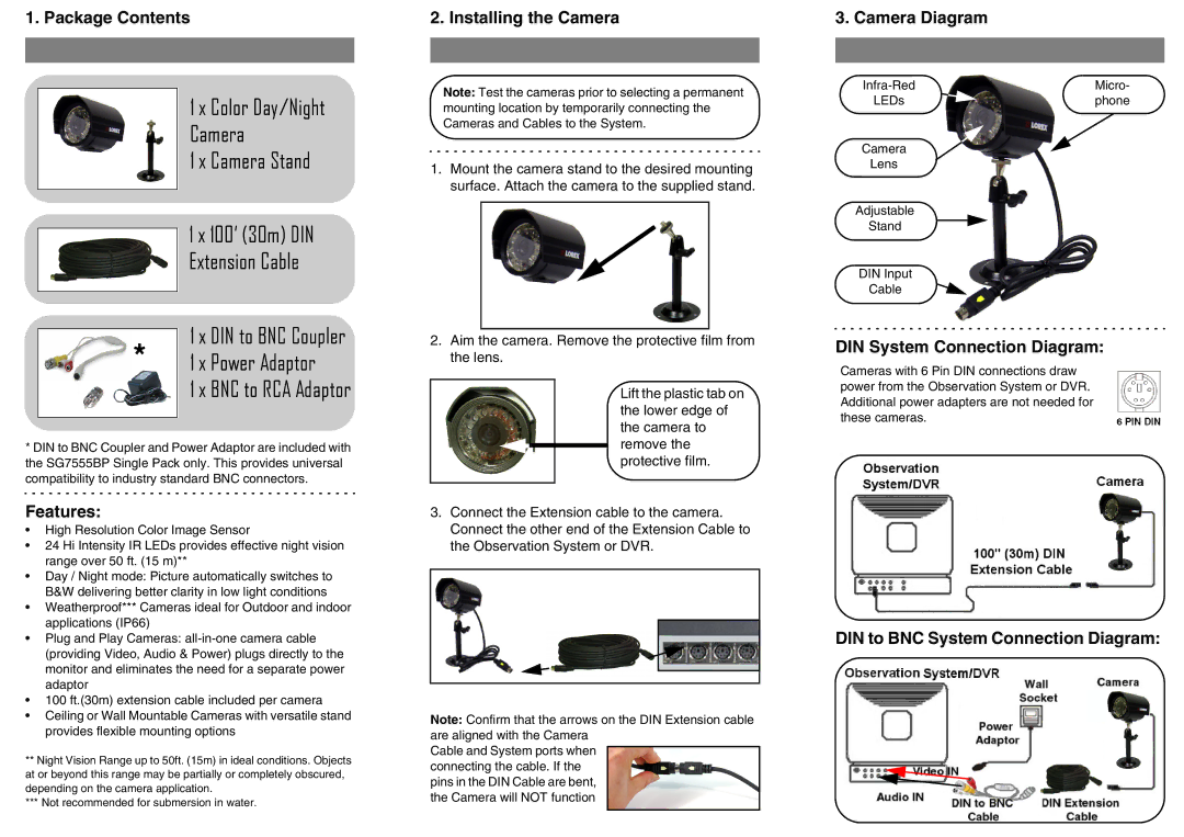 LOREX Technology SG7555BP Package Contents, Features, Installing the Camera, Camera Diagram, DIN System Connection Diagram 