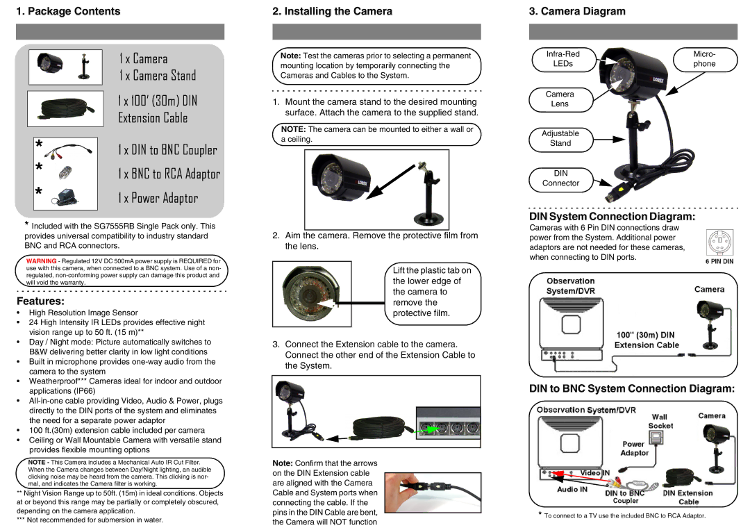 LOREX Technology SG7555RB Series dimensions Package Contents, Features, Installing the Camera, Camera Diagram 