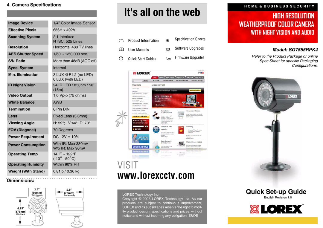 LOREX Technology SG7555RPK4 dimensions Camera Specifications, Dimensions 