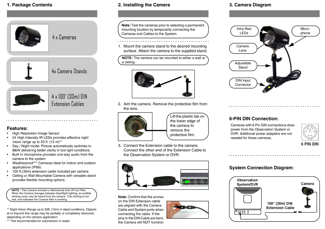 LOREX Technology SG7555RPK4 Package Contents, Features, Installing the Camera, Camera Diagram, PIN DIN Connection 