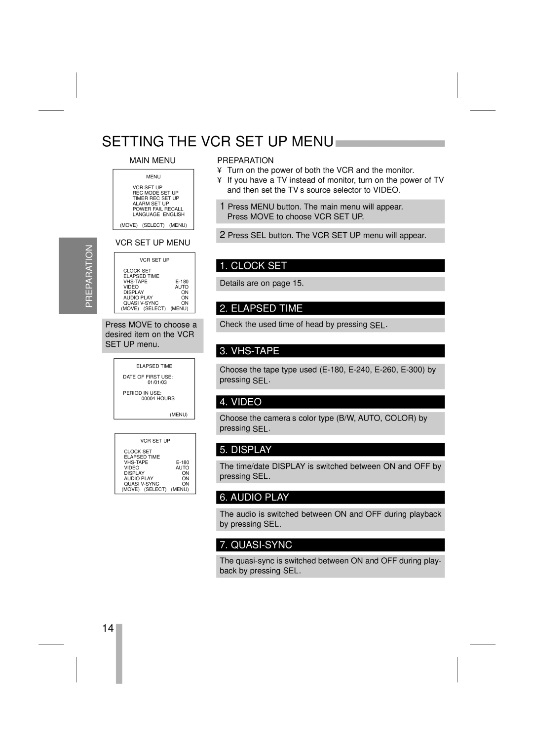 LOREX Technology SG7965 instruction manual Setting the VCR SET UP Menu 