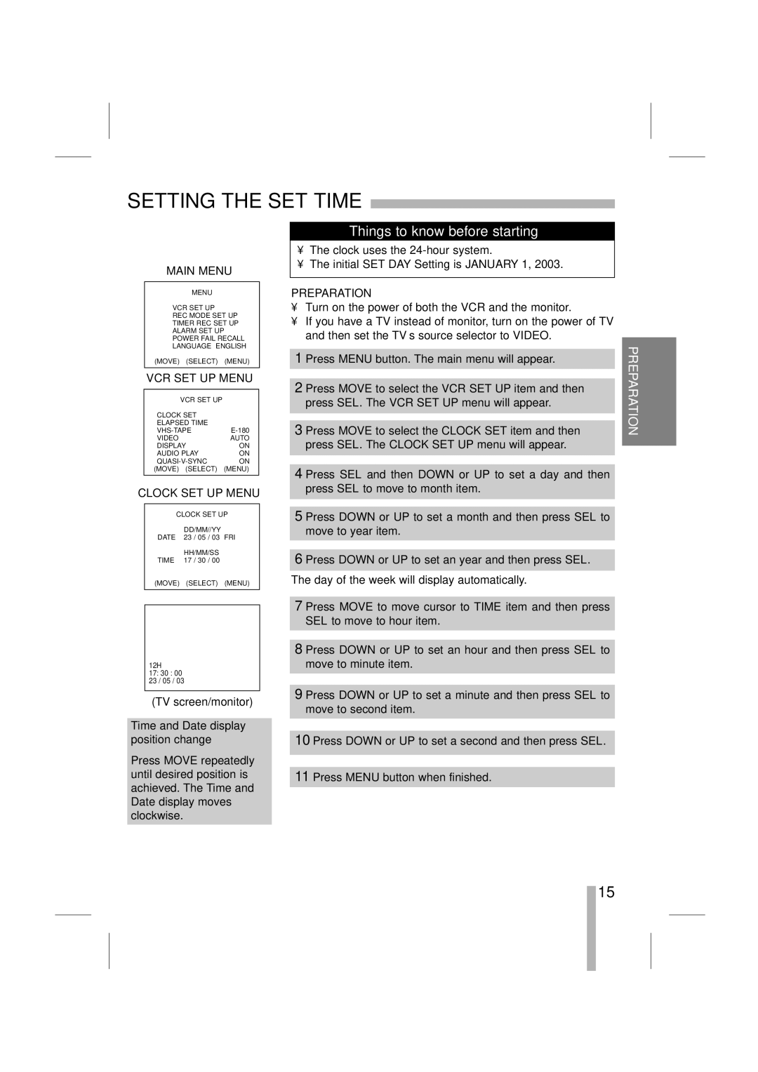 LOREX Technology SG7965 instruction manual Setting the SET Time, Clock SET UP Menu, Time and Date display position change 