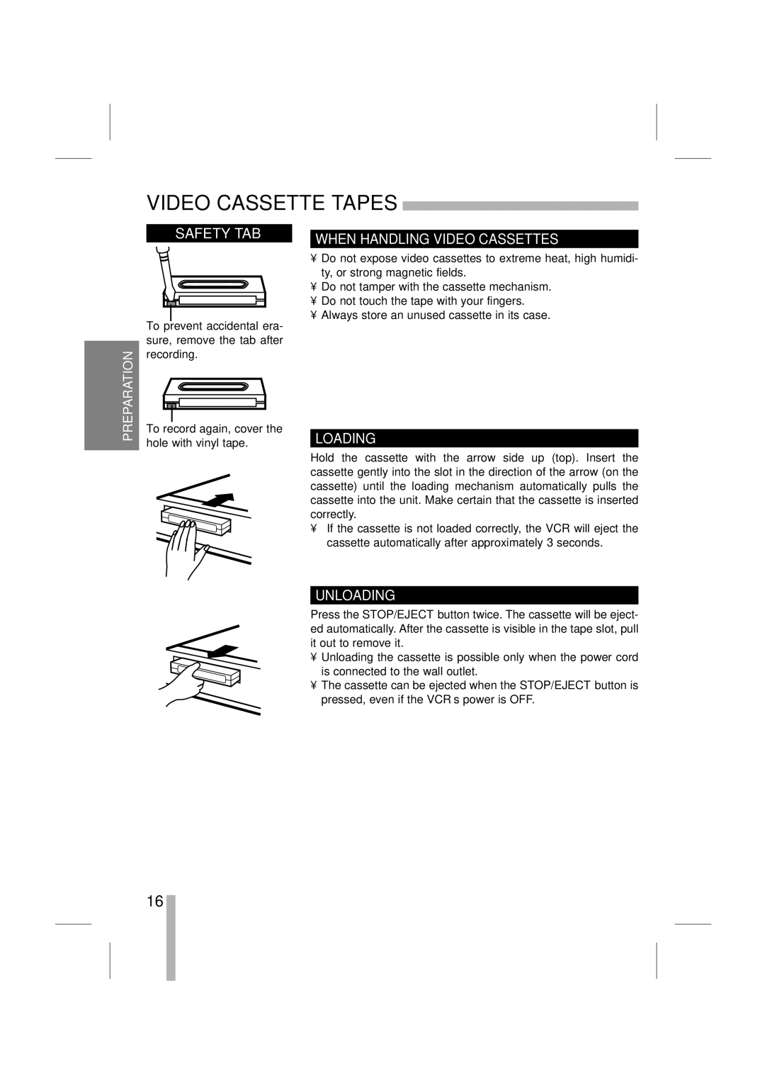 LOREX Technology SG7965 Video Cassette Tapes, Safety TAB, When Handling Video Cassettes, Loading, Unloading 