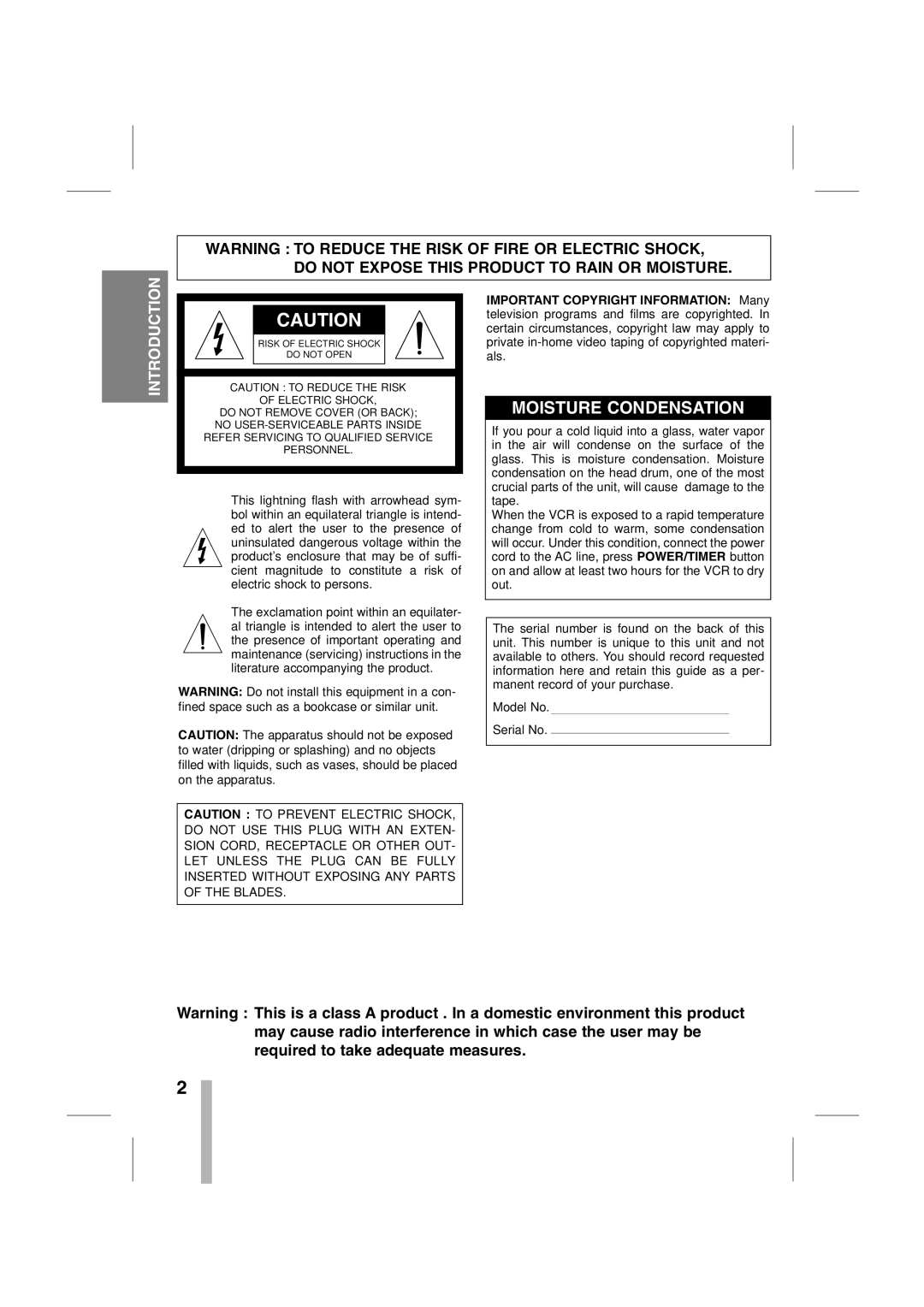 LOREX Technology SG7965 instruction manual Moisture Condensation, Introduction 