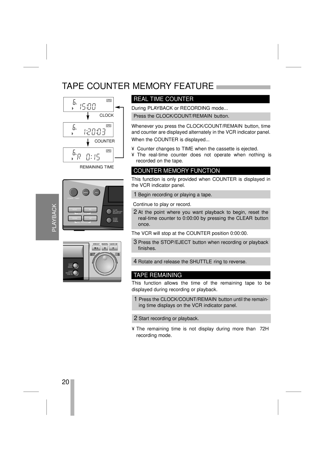 LOREX Technology SG7965 Tape Counter Memory Feature, Real Time Counter, Counter Memory Function, Tape Remaining 