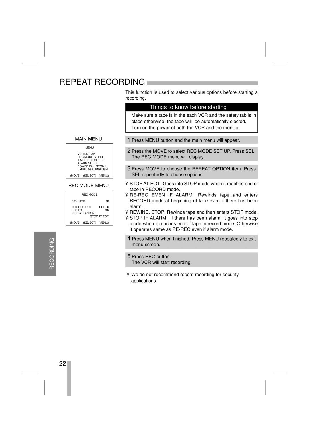 LOREX Technology SG7965 instruction manual Repeat Recording, REC Mode Menu 