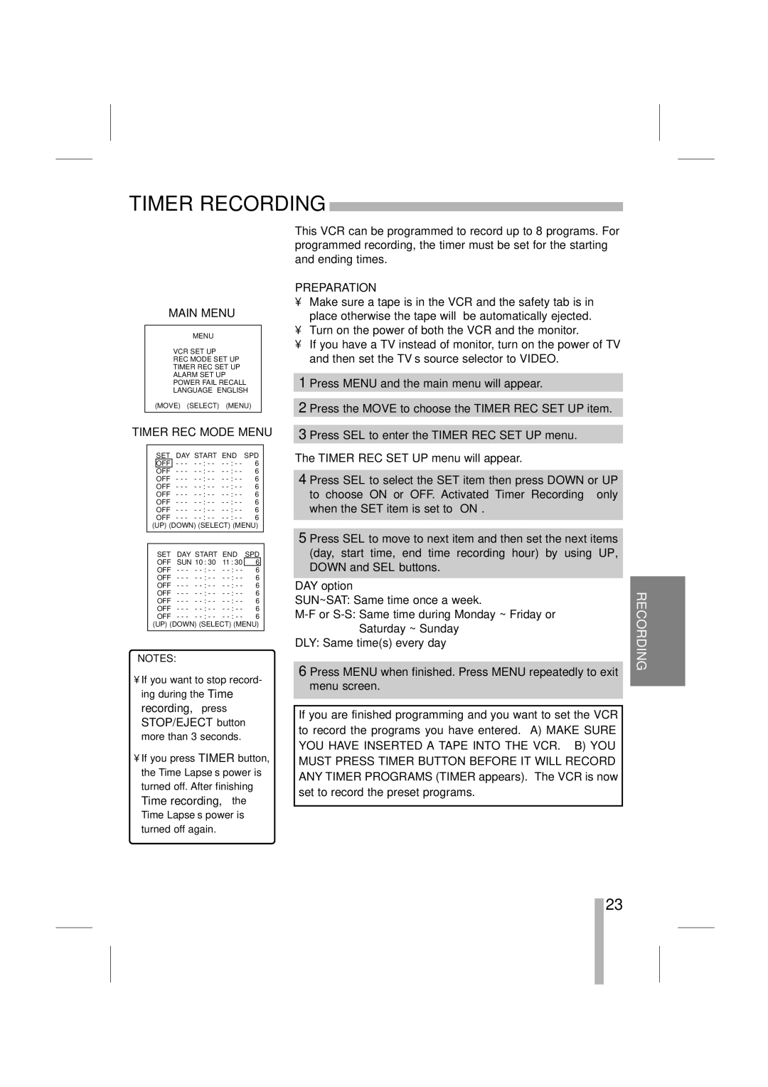 LOREX Technology SG7965 Timer Recording, Timer REC Mode Menu, DAY option, Recording, press STOP/EJECT button 