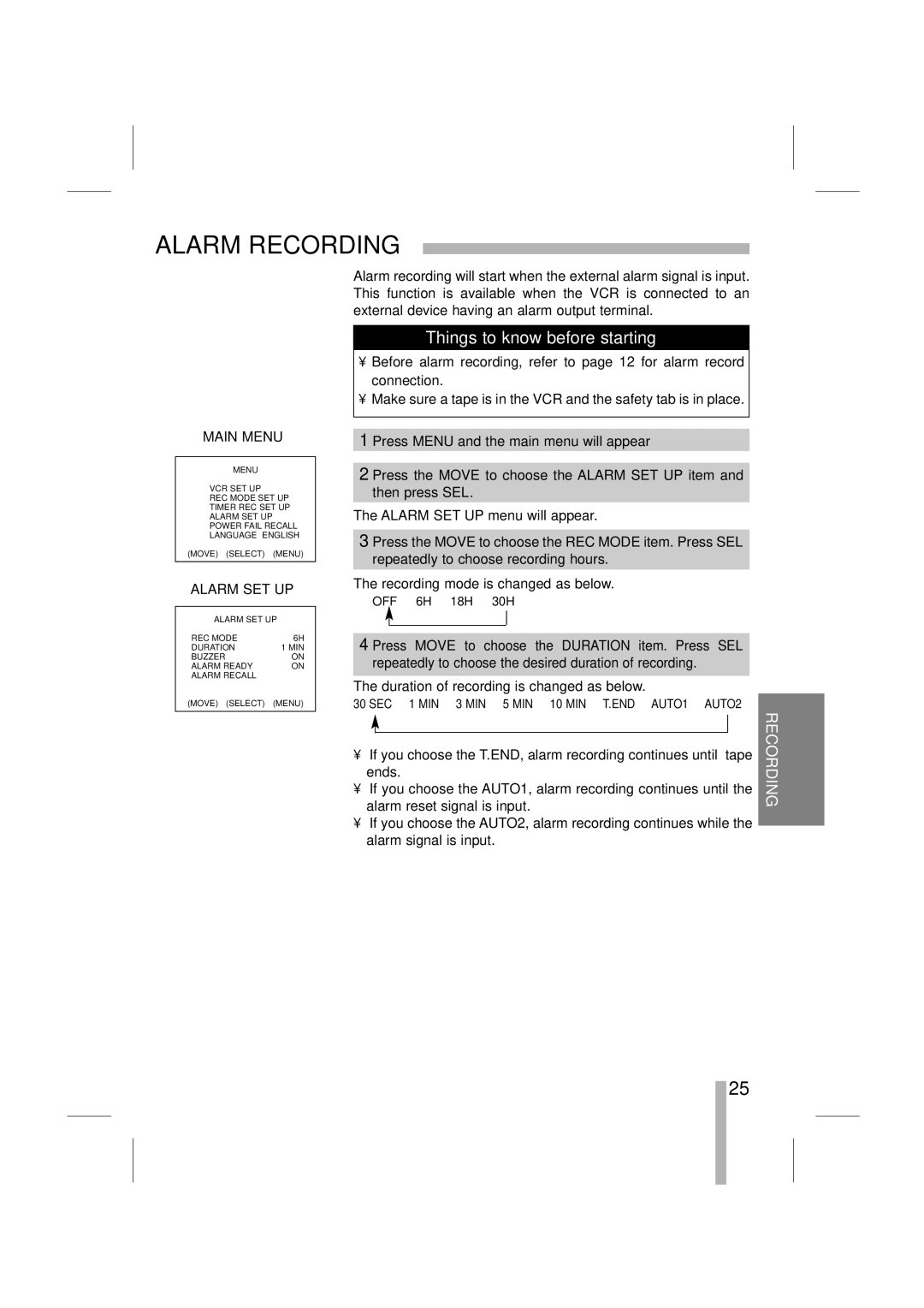 LOREX Technology SG7965 instruction manual Alarm Recording, Alarm SET UP 