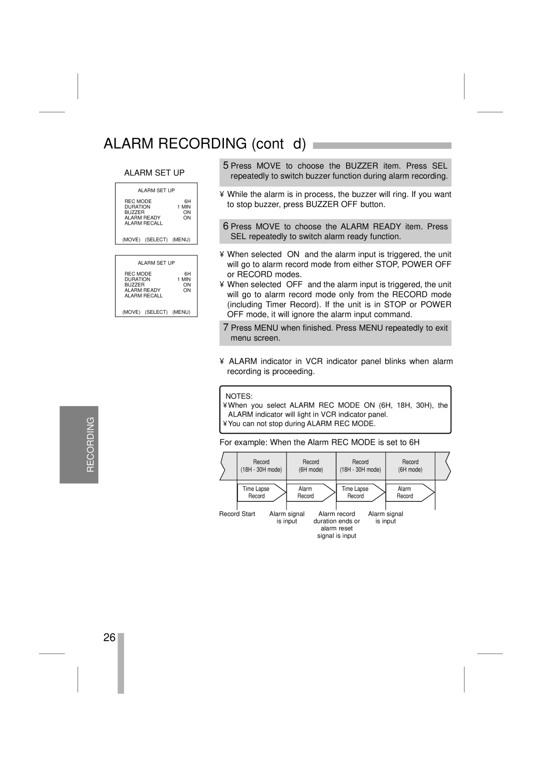 LOREX Technology SG7965 instruction manual Alarm Recording cont’d, For example When the Alarm REC Mode is set to 6H 