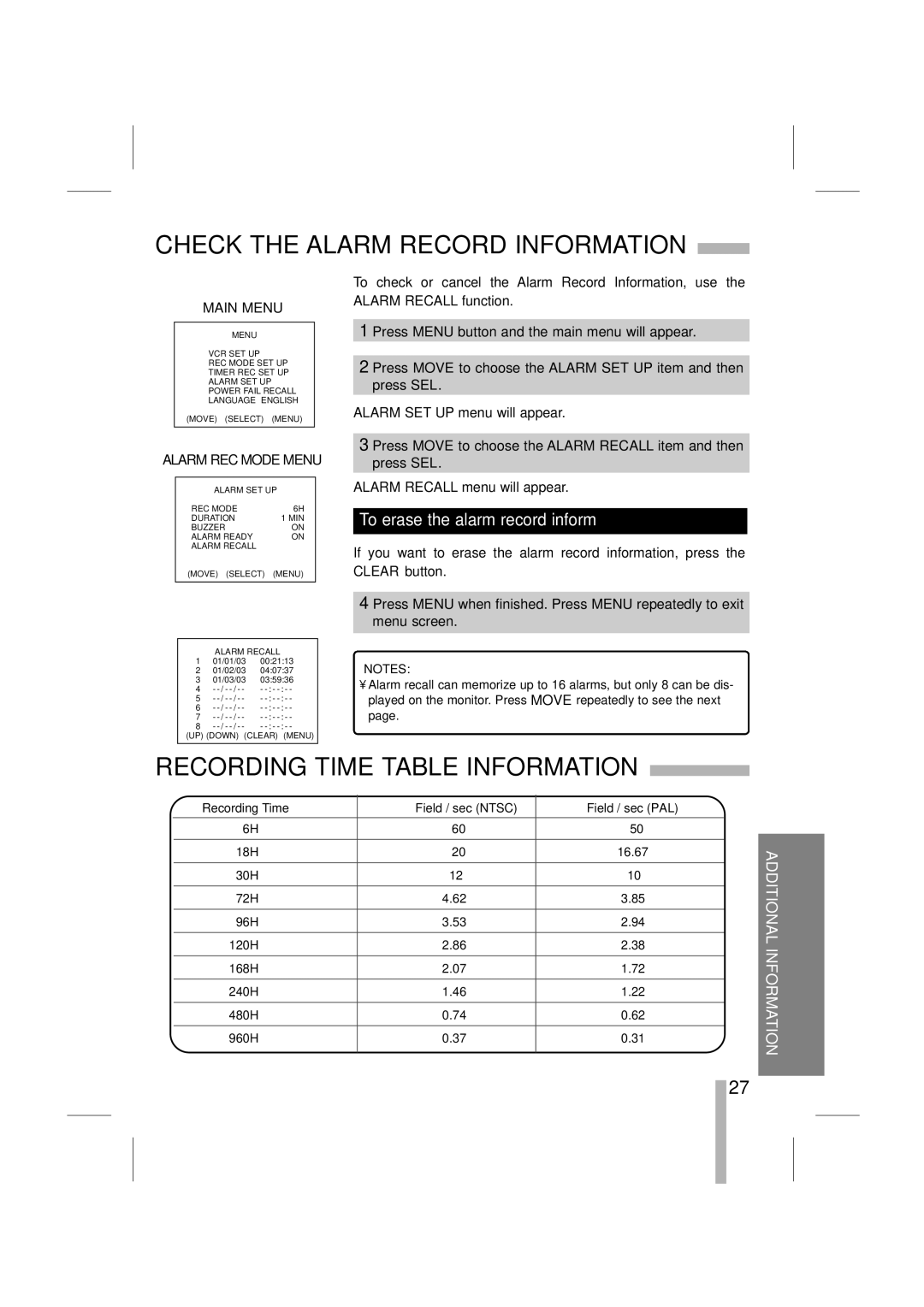 LOREX Technology SG7965 Check the Alarm Record Information, Recording Time Table Information, Alarm REC Mode Menu 