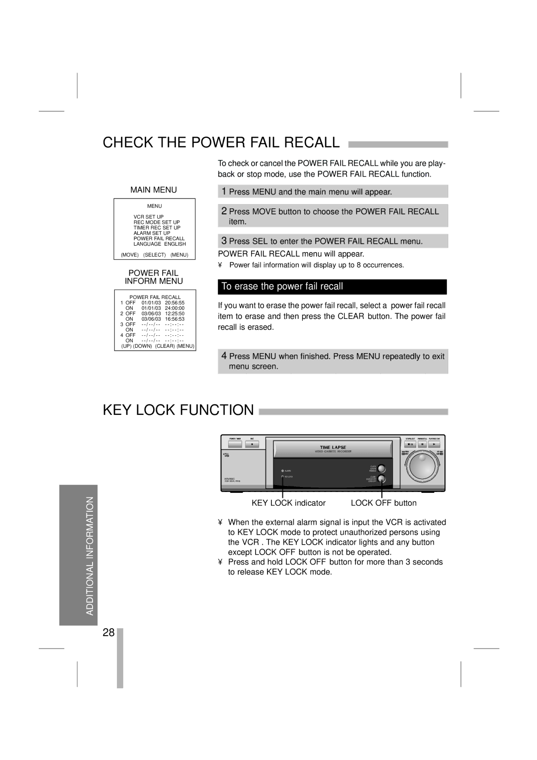 LOREX Technology SG7965 instruction manual Check the Power Fail Recall, KEY Lock Function, Power Fail Inform Menu 