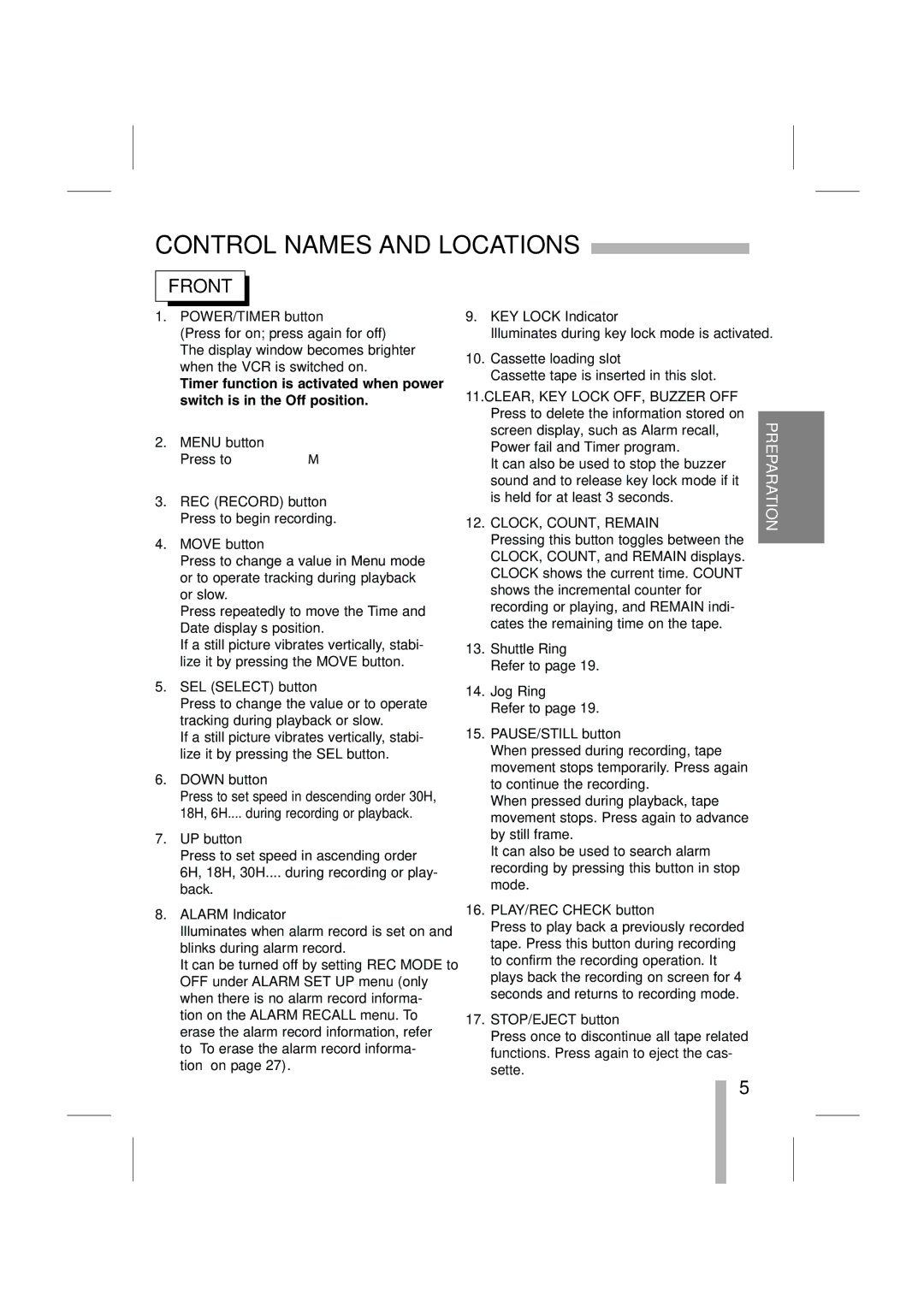 LOREX Technology SG7965 POWER/TIMER button, Menu button, REC Record button Press to begin recording Move button, UP button 