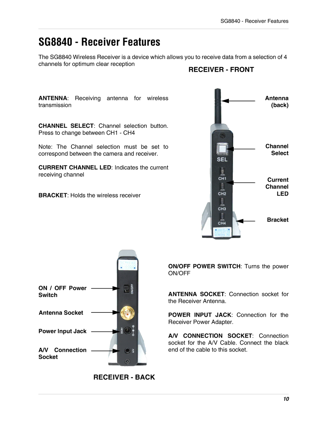 LOREX Technology instruction manual SG8840 Receiver Features, Receiver Front 