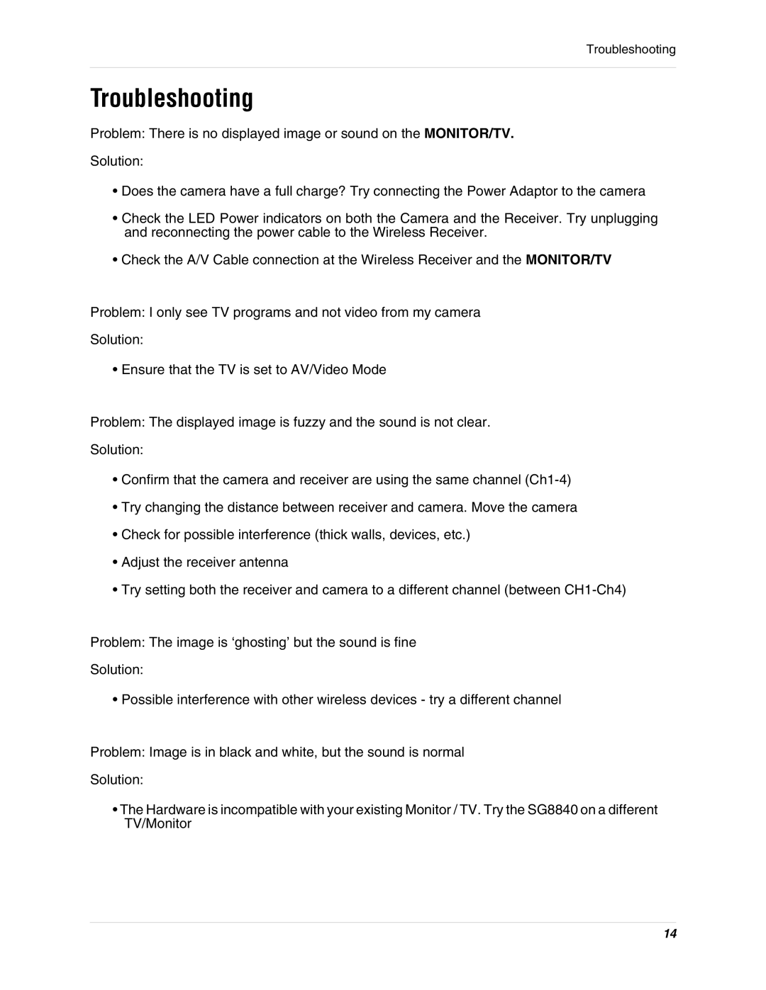 LOREX Technology SG8840 instruction manual Troubleshooting 