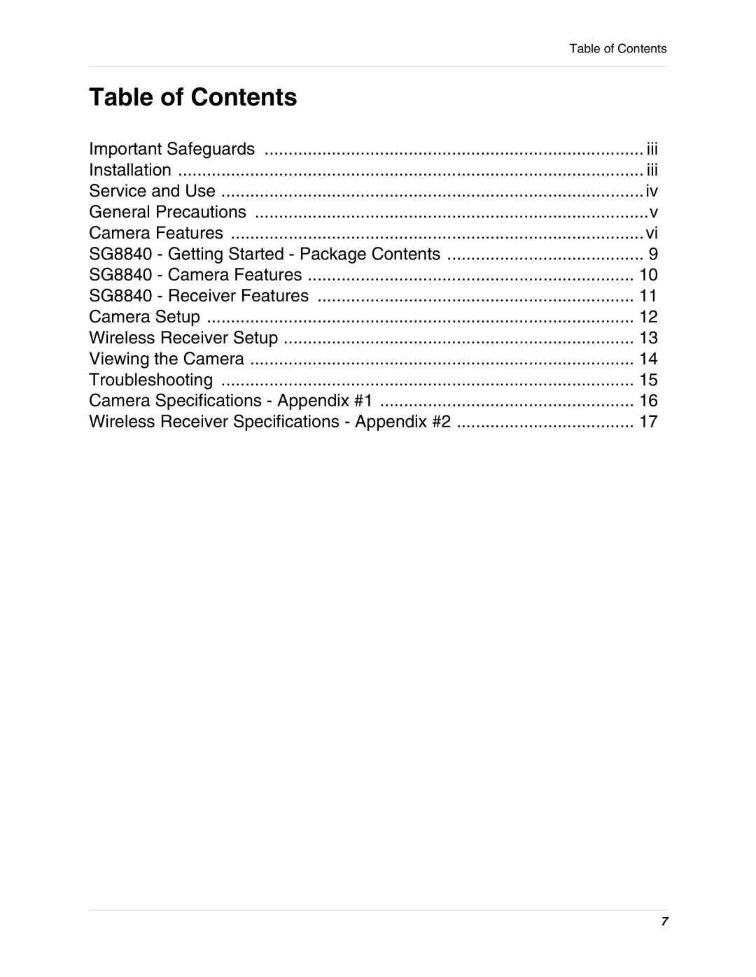 LOREX Technology SG8840 instruction manual Table of Contents 