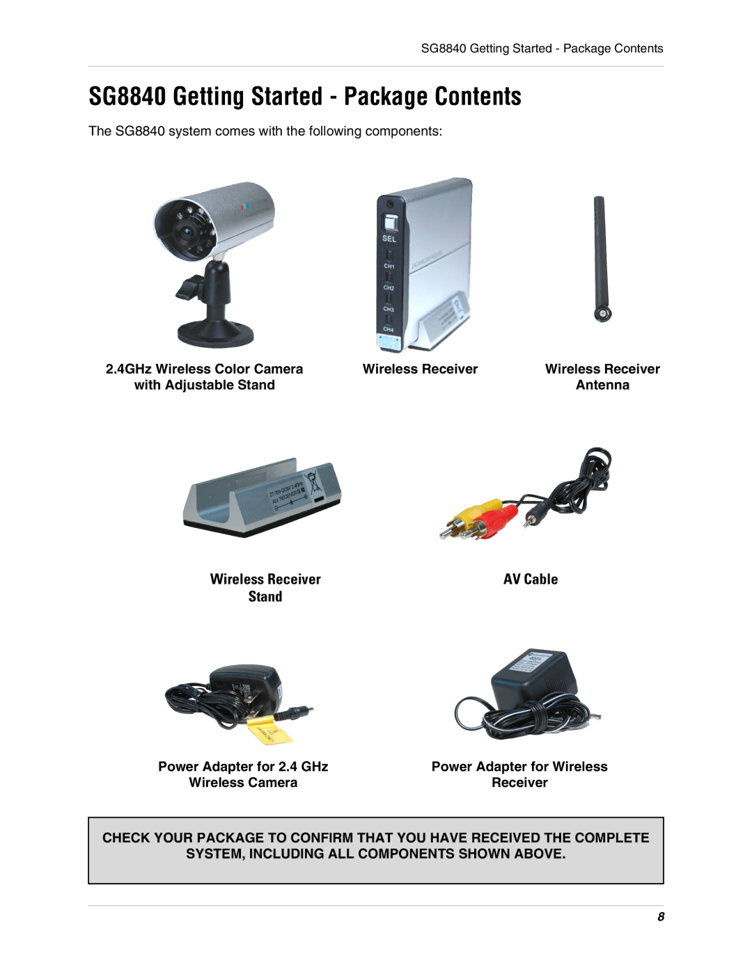 LOREX Technology instruction manual SG8840 Getting Started Package Contents 