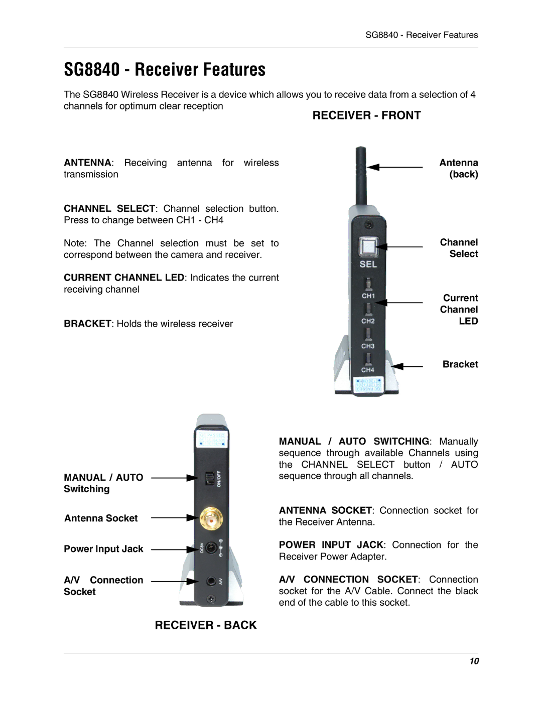 LOREX Technology instruction manual SG8840 Receiver Features, Receiver Front 