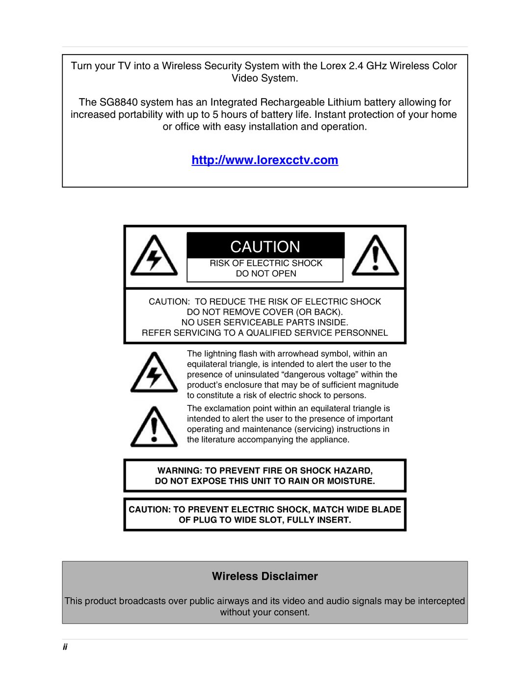 LOREX Technology SG8840 instruction manual Wireless Disclaimer 