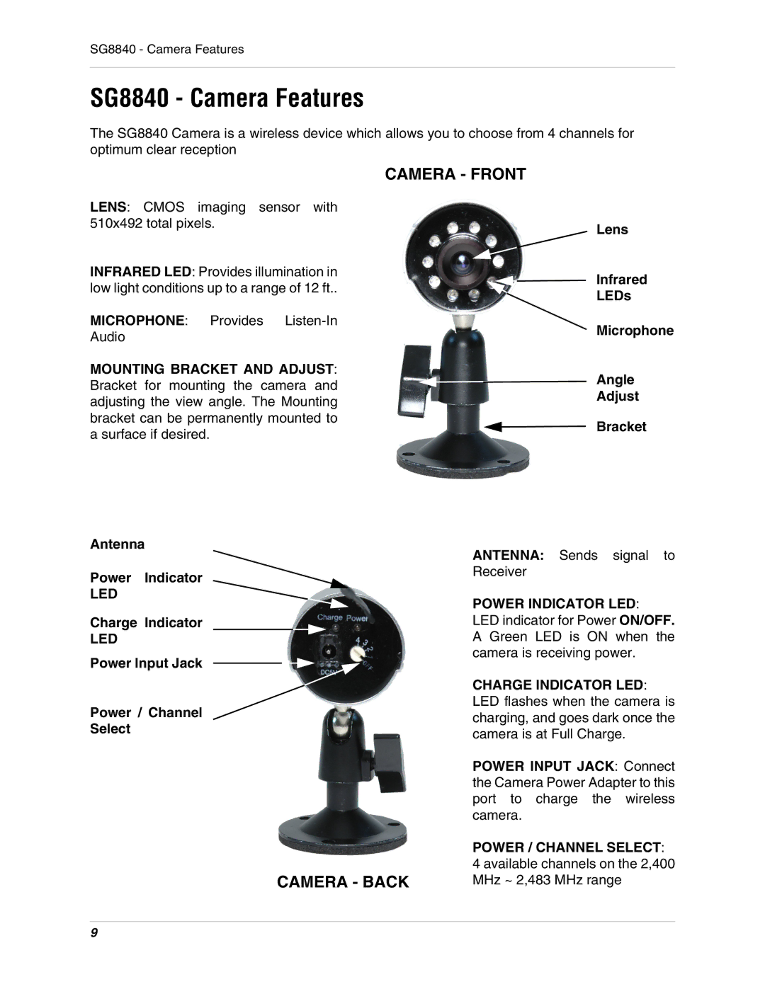 LOREX Technology instruction manual SG8840 Camera Features, Camera Front 